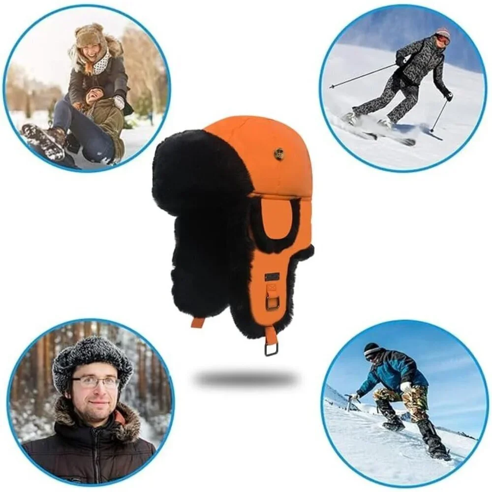 Unisex Orange Taslon Faux Fur Aviator Ski Trooper Pilot Ear Flaps Hat